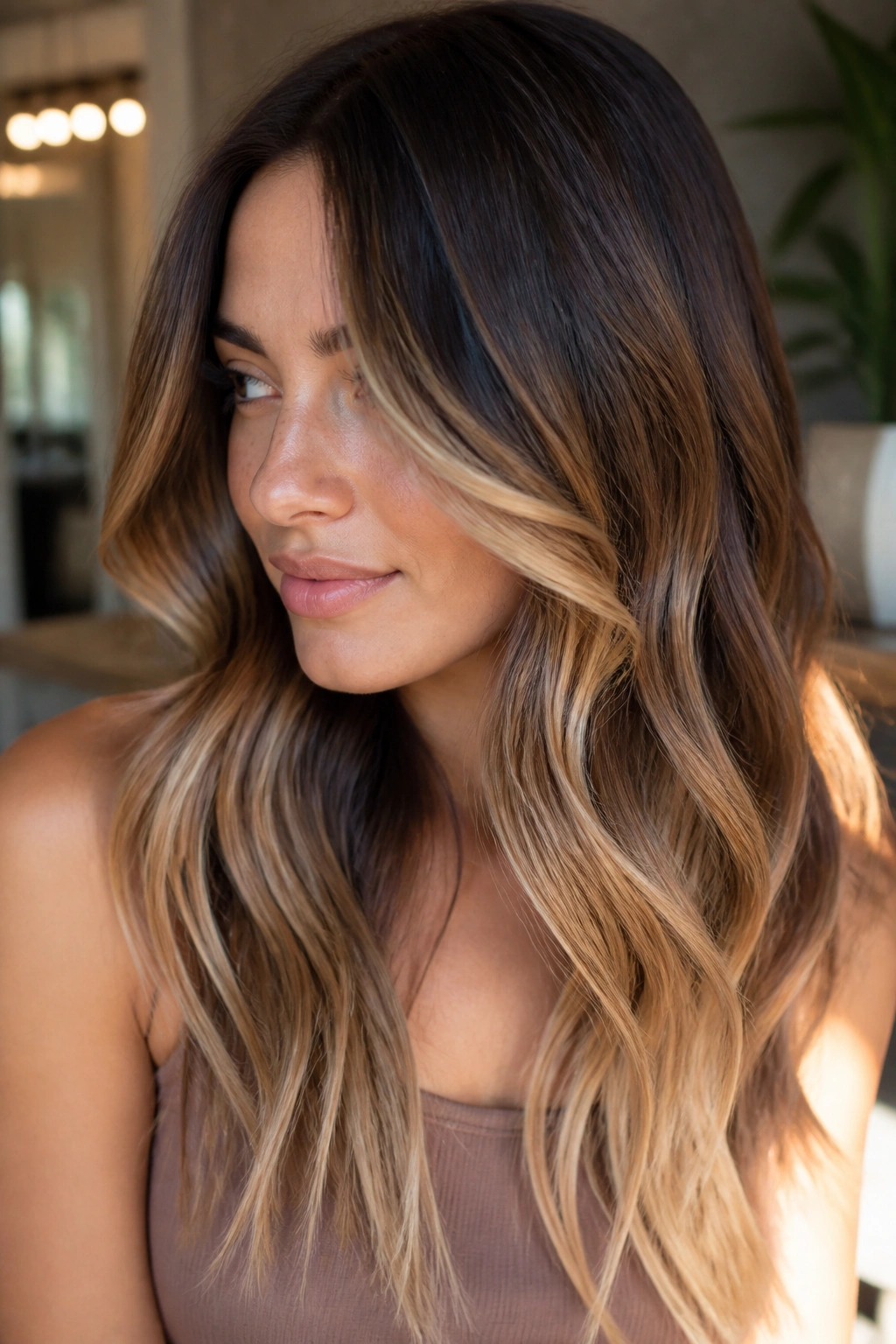 Real woman with espresso brown hair melted from caramel to cream ends.