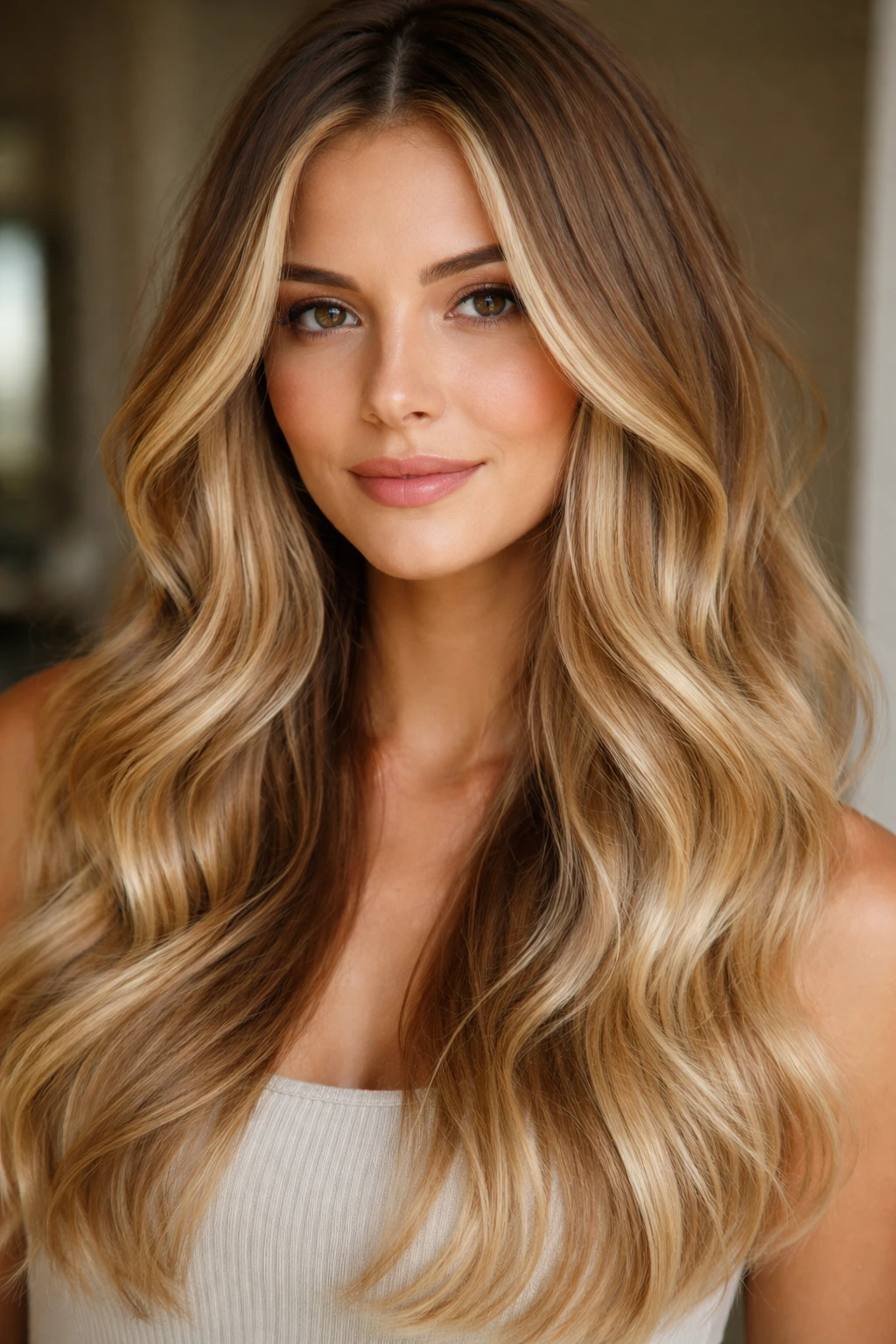 Close-up of a woman with caramel-to-cream blonde melt along the hair