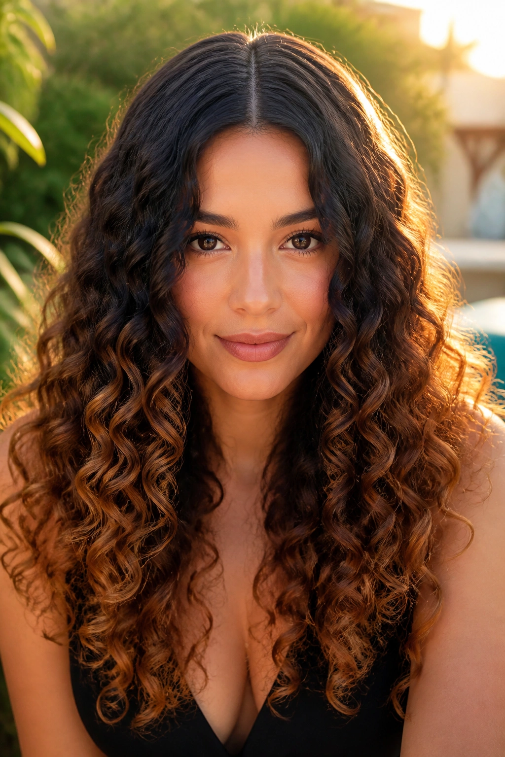Real woman with caramel-dipped curls and center part in sunny outdoor light