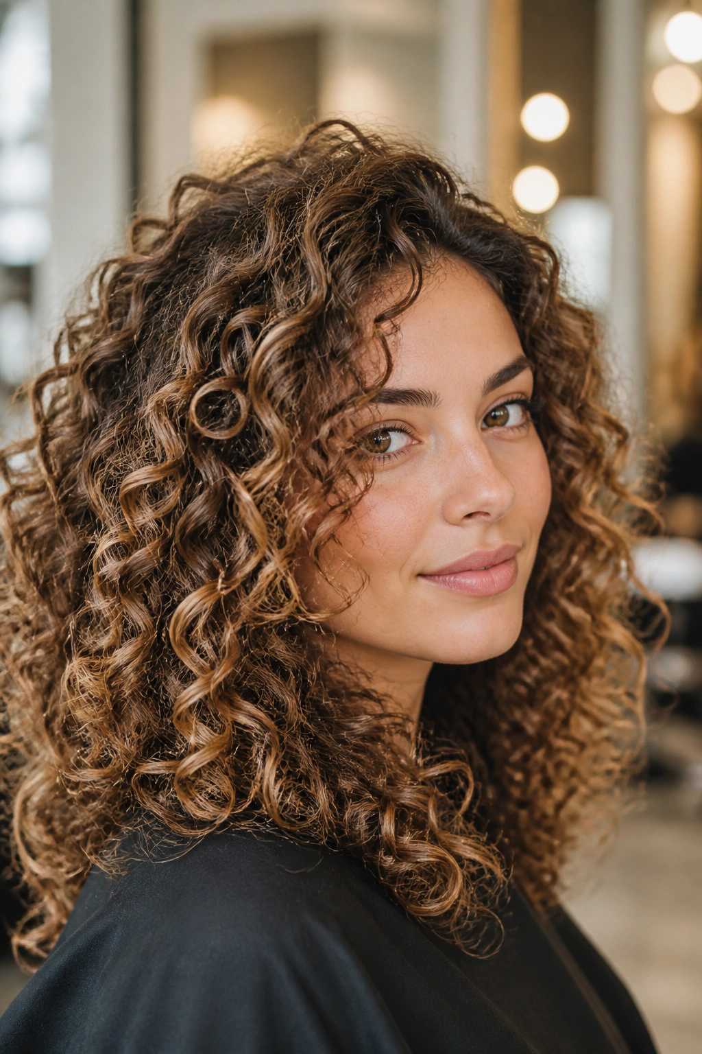Close-up of a real woman with caramel curls and low-contrast highlights