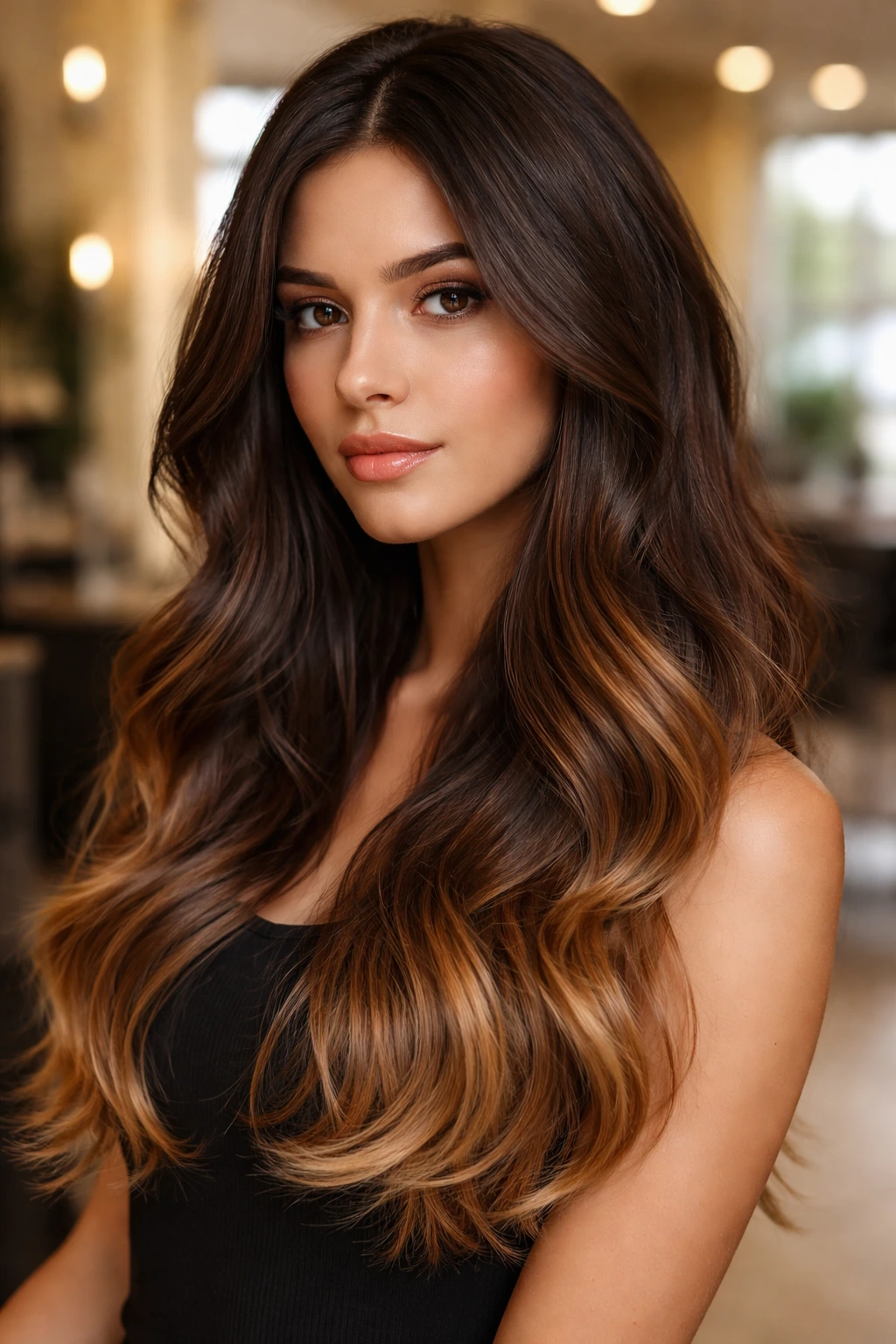 Close-up brunette with caramel-dipped ends on the bottom, filling the frame