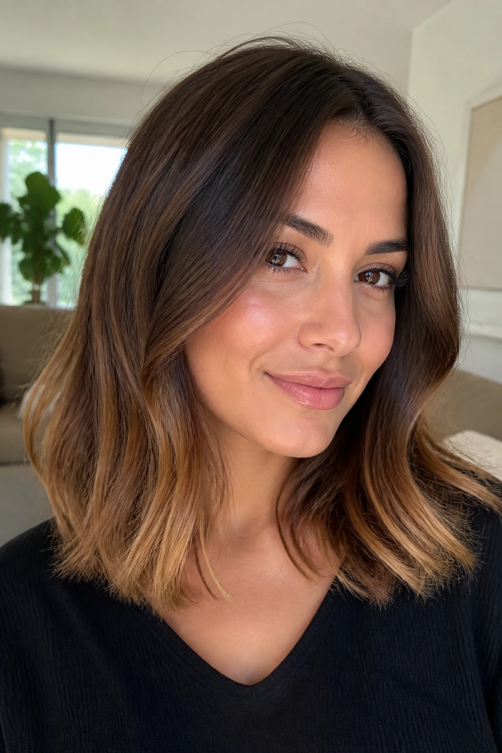 Close-up of a woman with shoulder-length hair and caramel ends