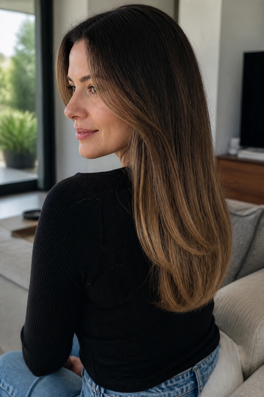 Three-quarter portrait showing caramel ends on a U-shaped cut with mid-length to tips highlighted