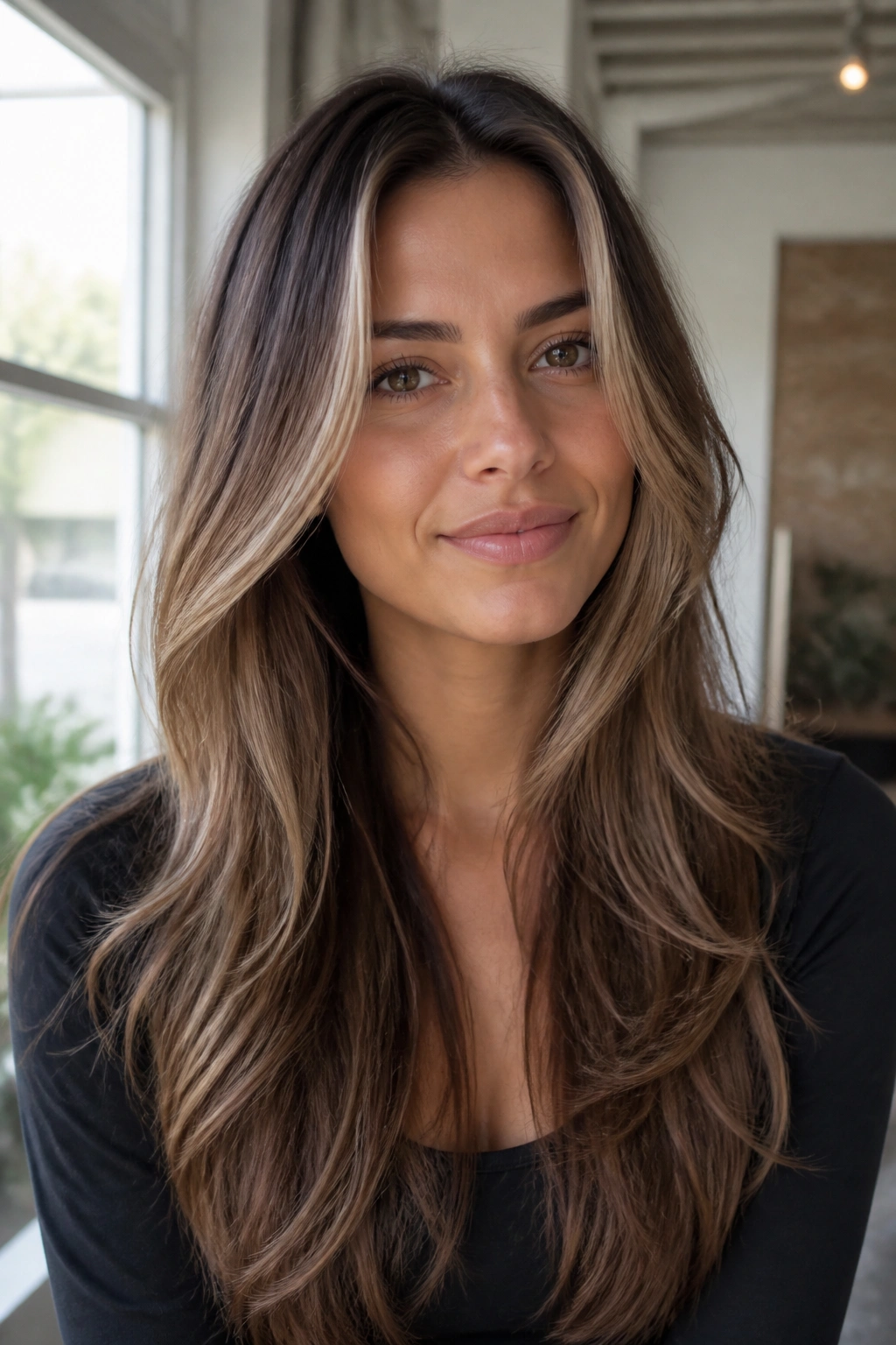 Portrait of a real woman with a cool caramel face frame on long layers