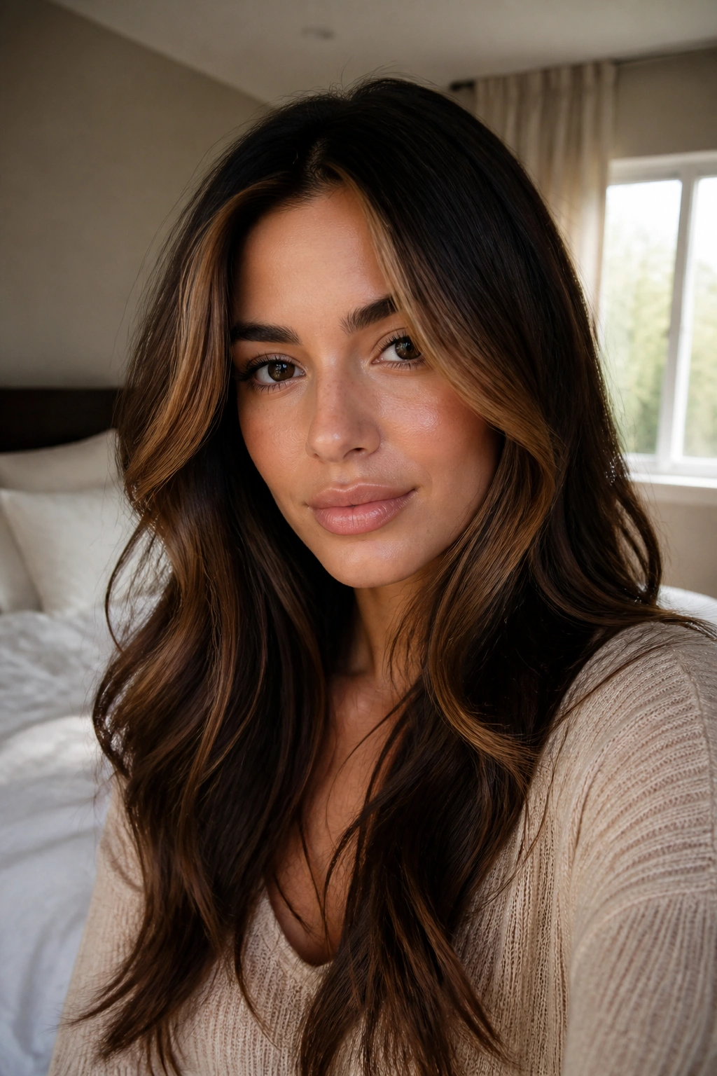 Close-up portrait of a brunette with a warm caramel face frame on dark brown hair