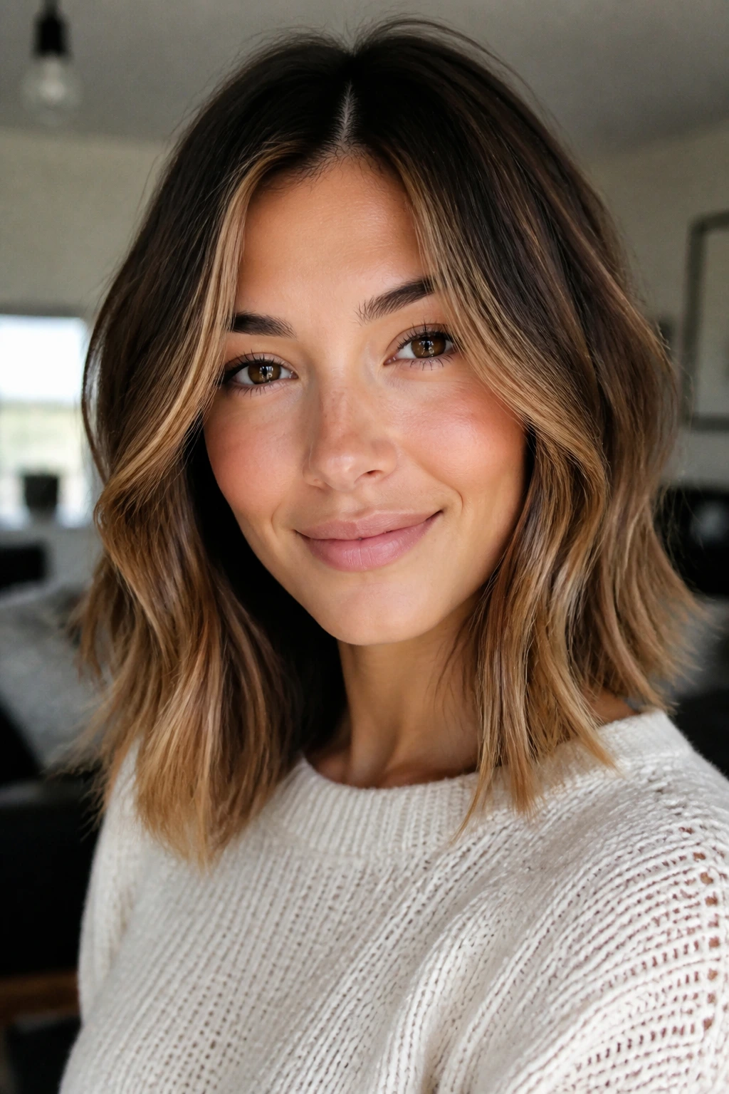 Close-up of shoulder-length brown hair with a caramel face frame and lighter ends on a real person