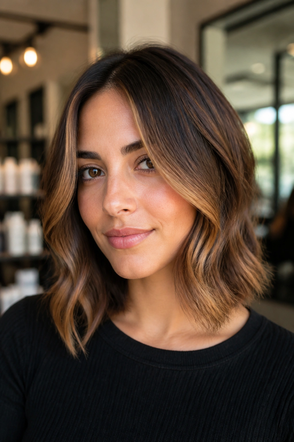 Close-up of a real woman's brown hair with caramel-edged face-framing pieces around the cheeks.