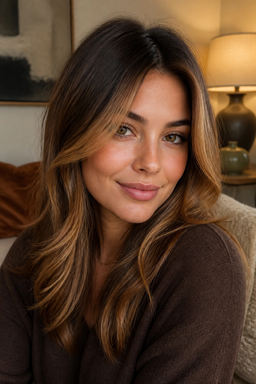 Close-up of face-framing caramel layers on brown hair with warm highlights