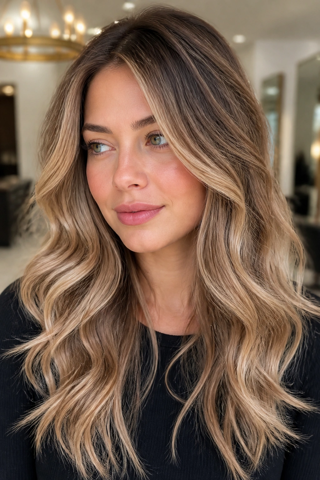 Portrait of a real person with caramel foilyage and soft shadow root
