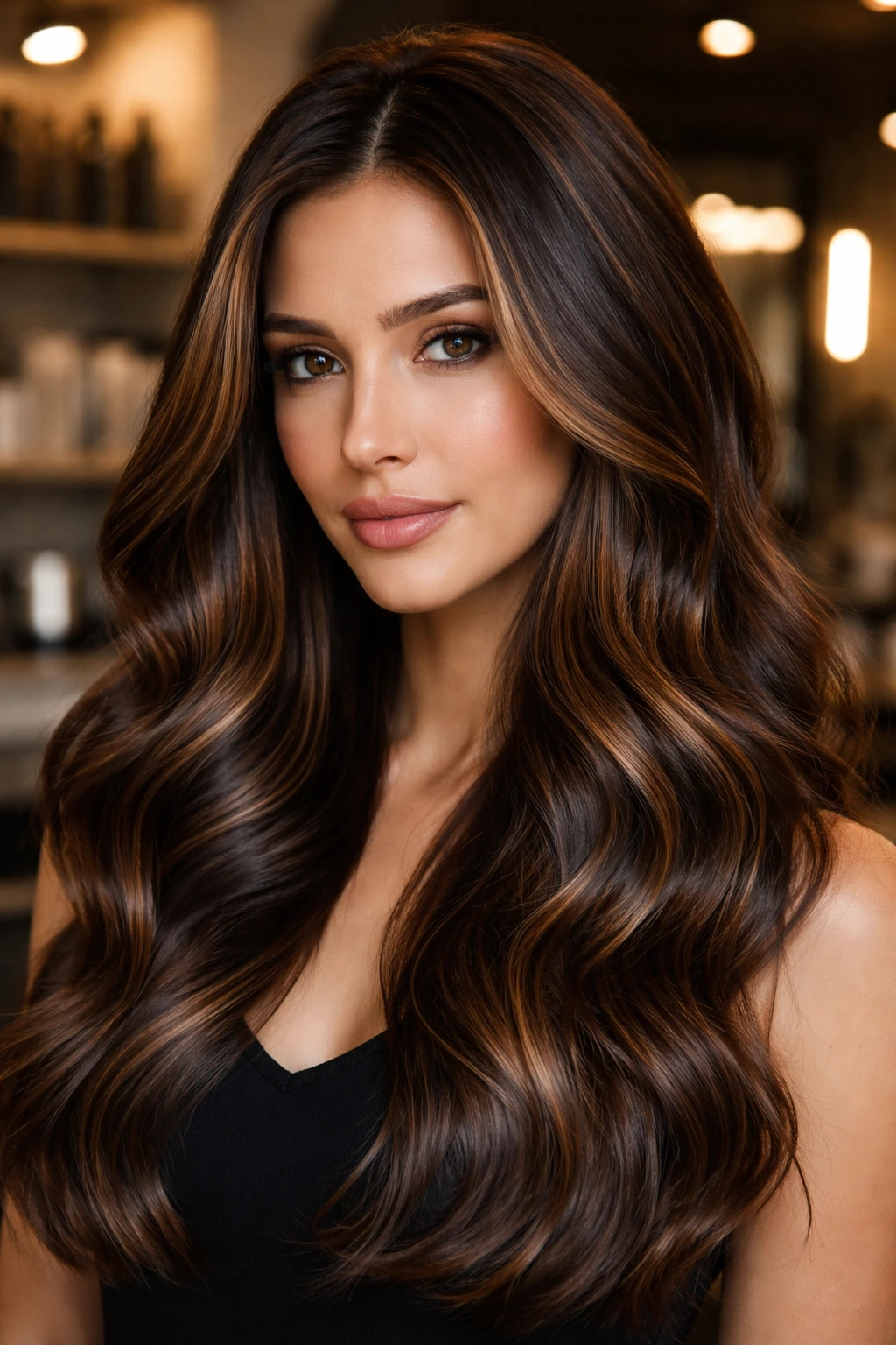 Close-up of a real woman with dark base and caramel glaze lowlights, glossy hair