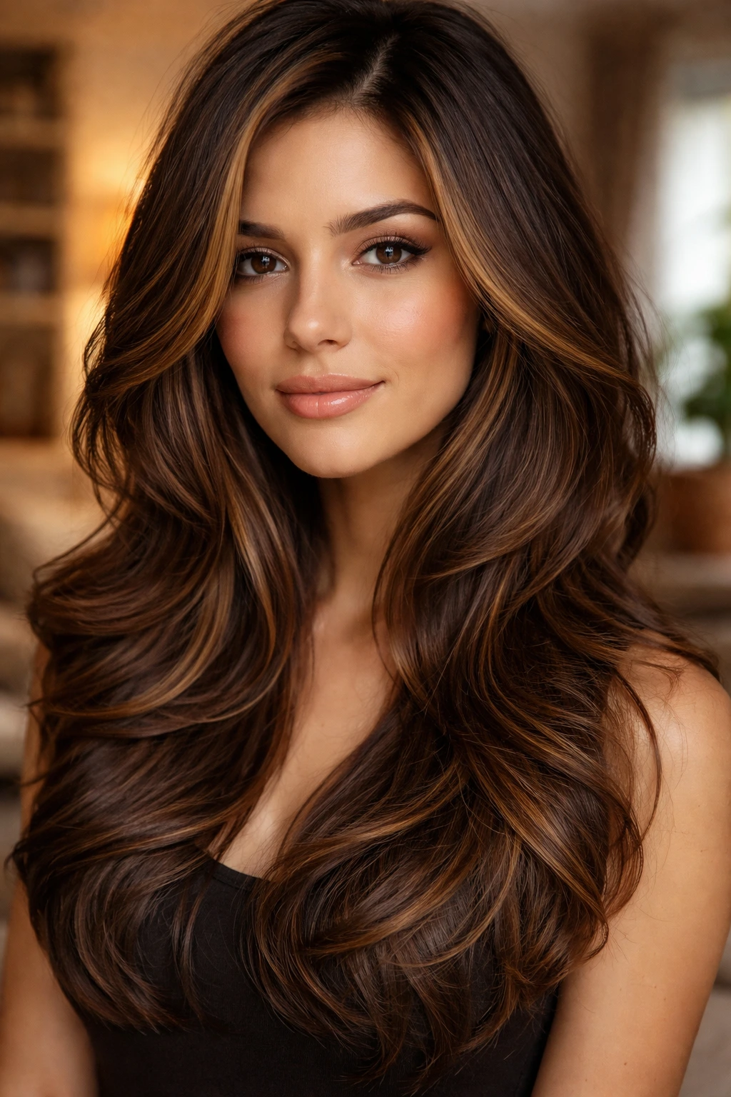 Close-up of layered hair with caramel glaze on a real person