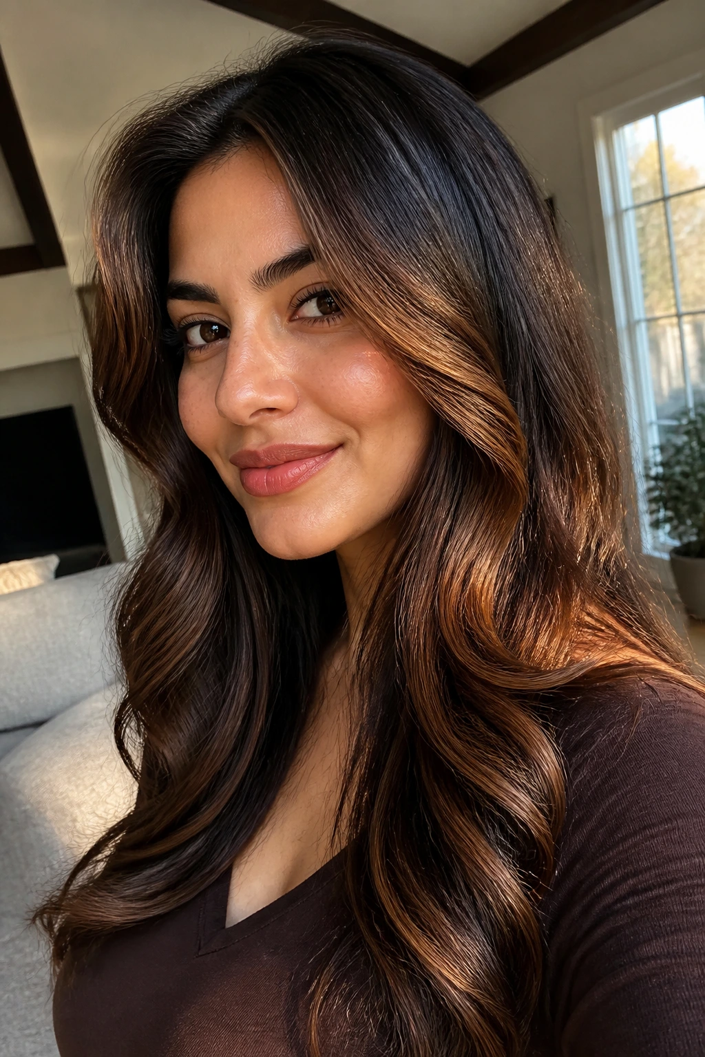 Close-up of caramel gloss on a deep brunette base on a real person in natural light
