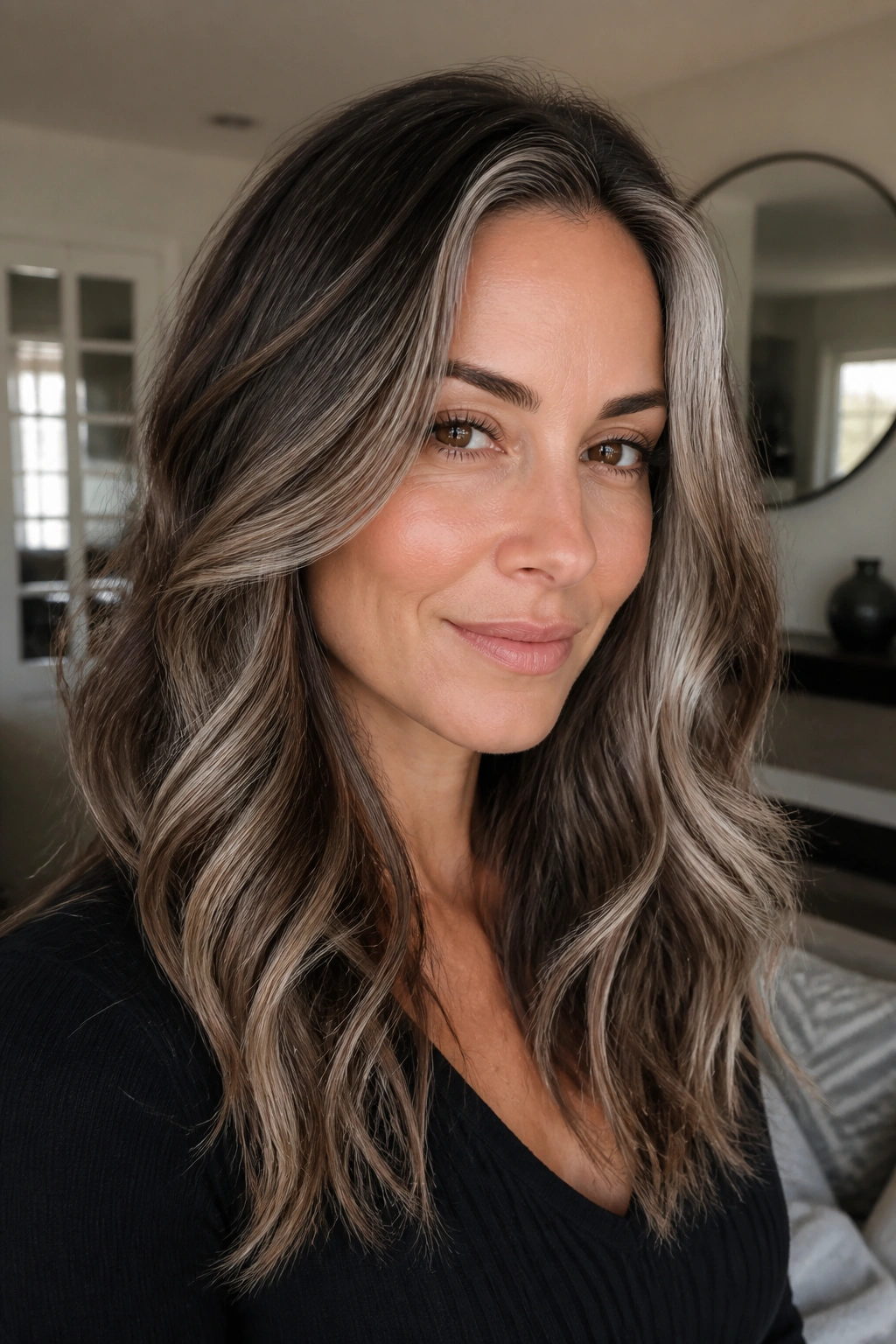 Close-up of real person with caramel-to-grey balayage on brunette hair