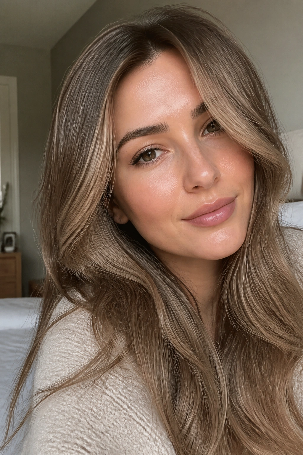 Close-up portrait of a real woman with beige-taupe caramel hair under natural window light
