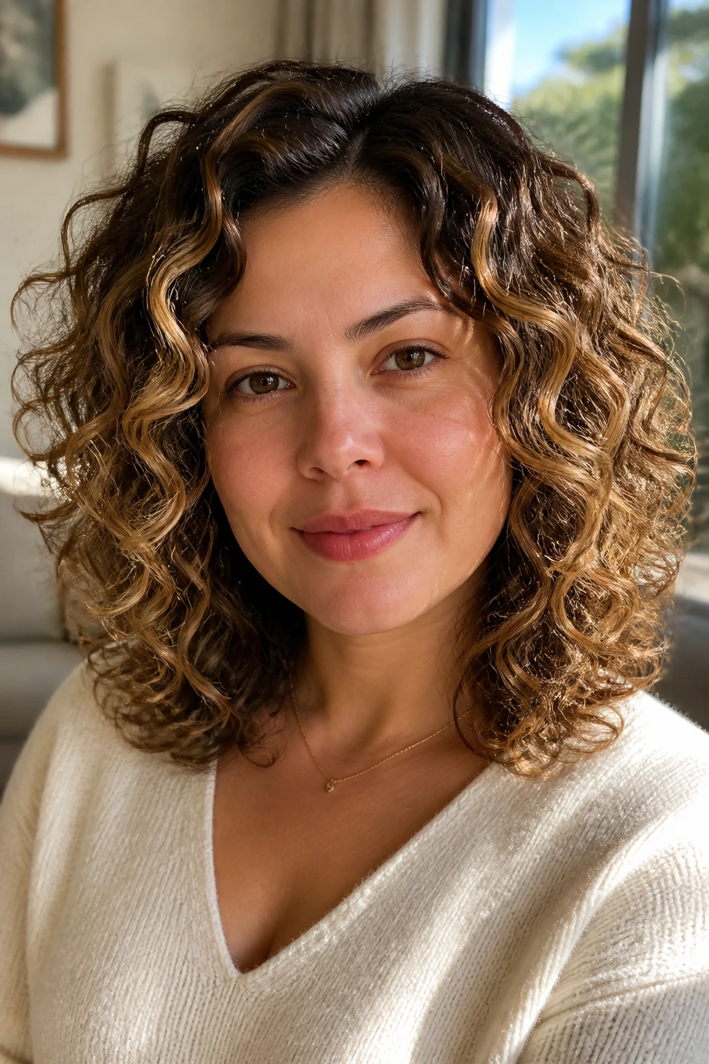 Close-up portrait of a real woman with mid-length curls and a caramel halo around the outer curls