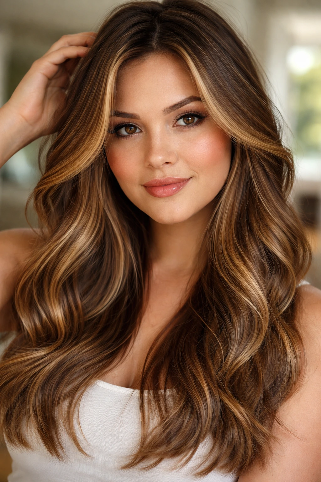 Real woman with caramel highlights hair in warm light