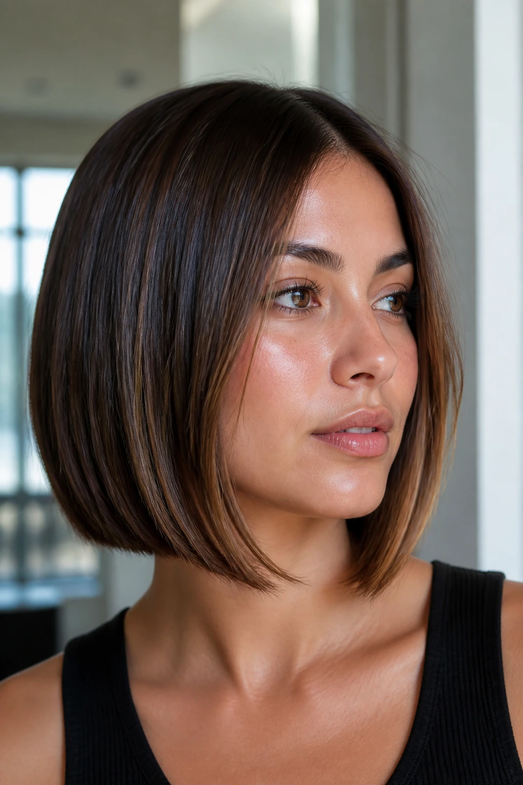 Caramel highlights on a sharply cut blunt bob