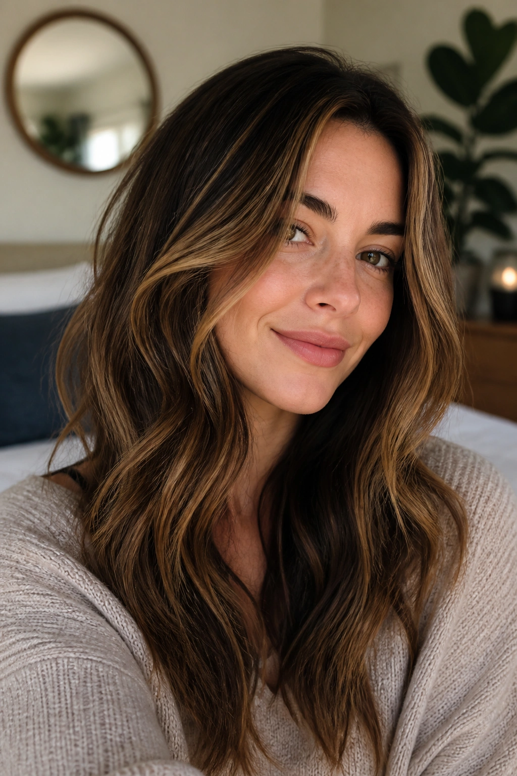 Close-up of a real woman with caramel highlights in brown hair under natural window light