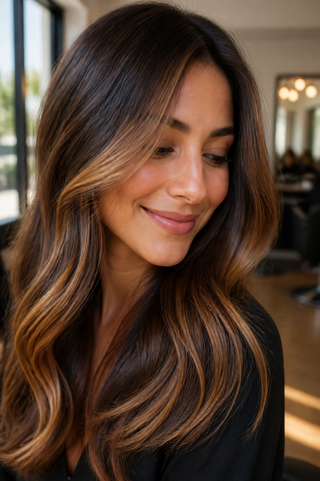 Close-up of a real woman with brown hair and soft caramel highlights framing her face
