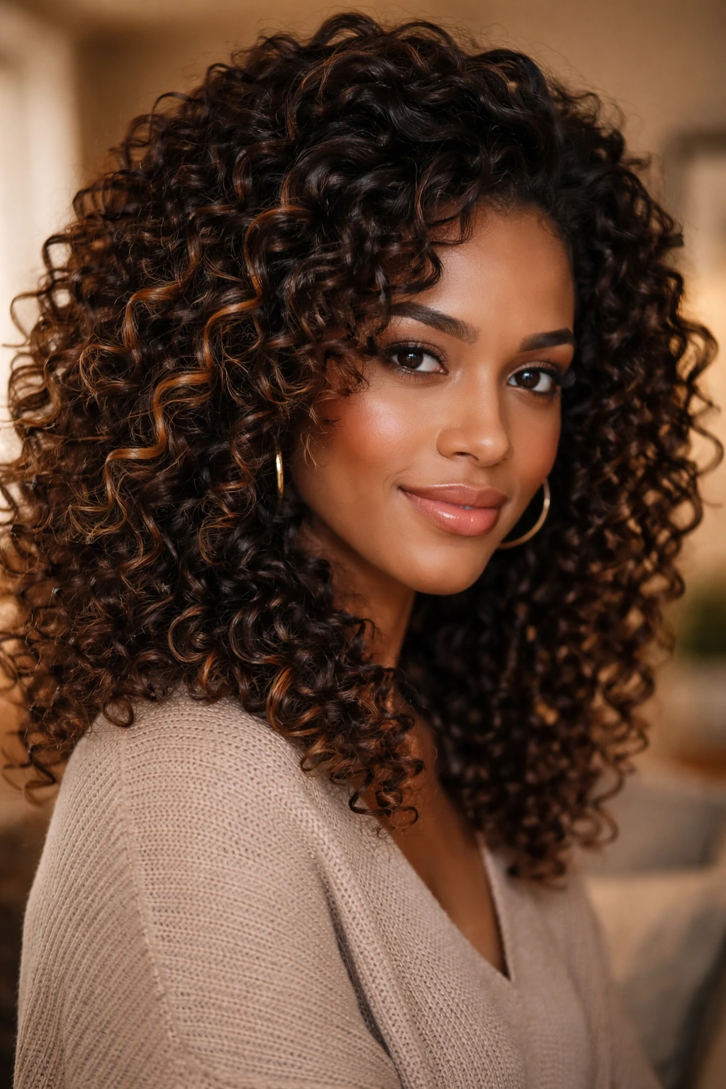 Real woman with caramel-spiked chocolate corkscrews showing caramel highlights in curls