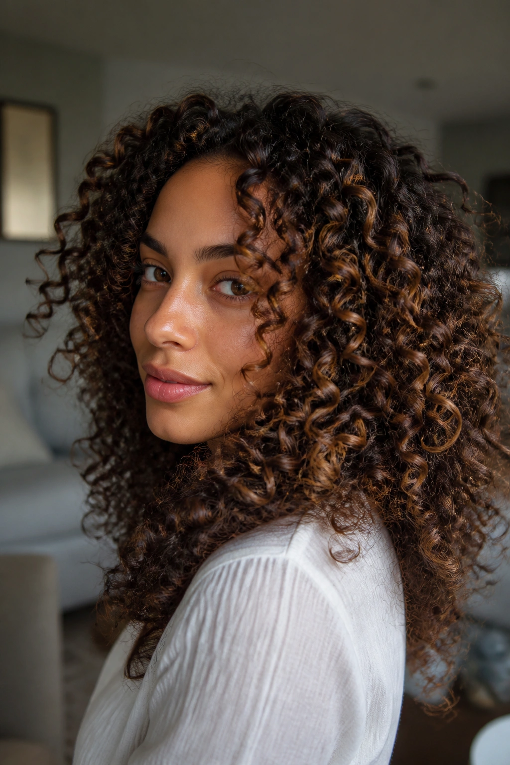 Close-up of caramel brown spiral highlights on curls