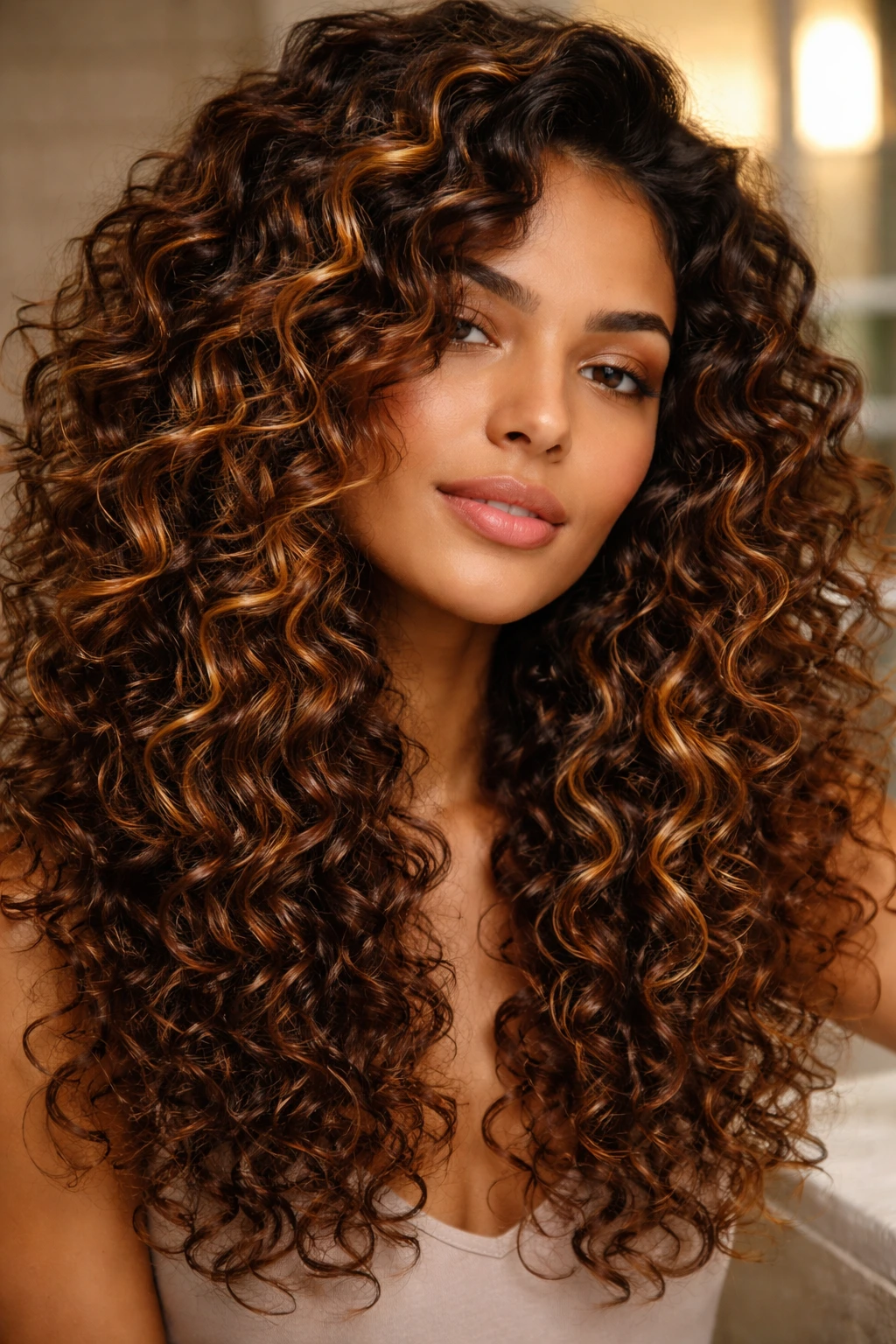 Portrait of a real person with curly hair and caramel highlights