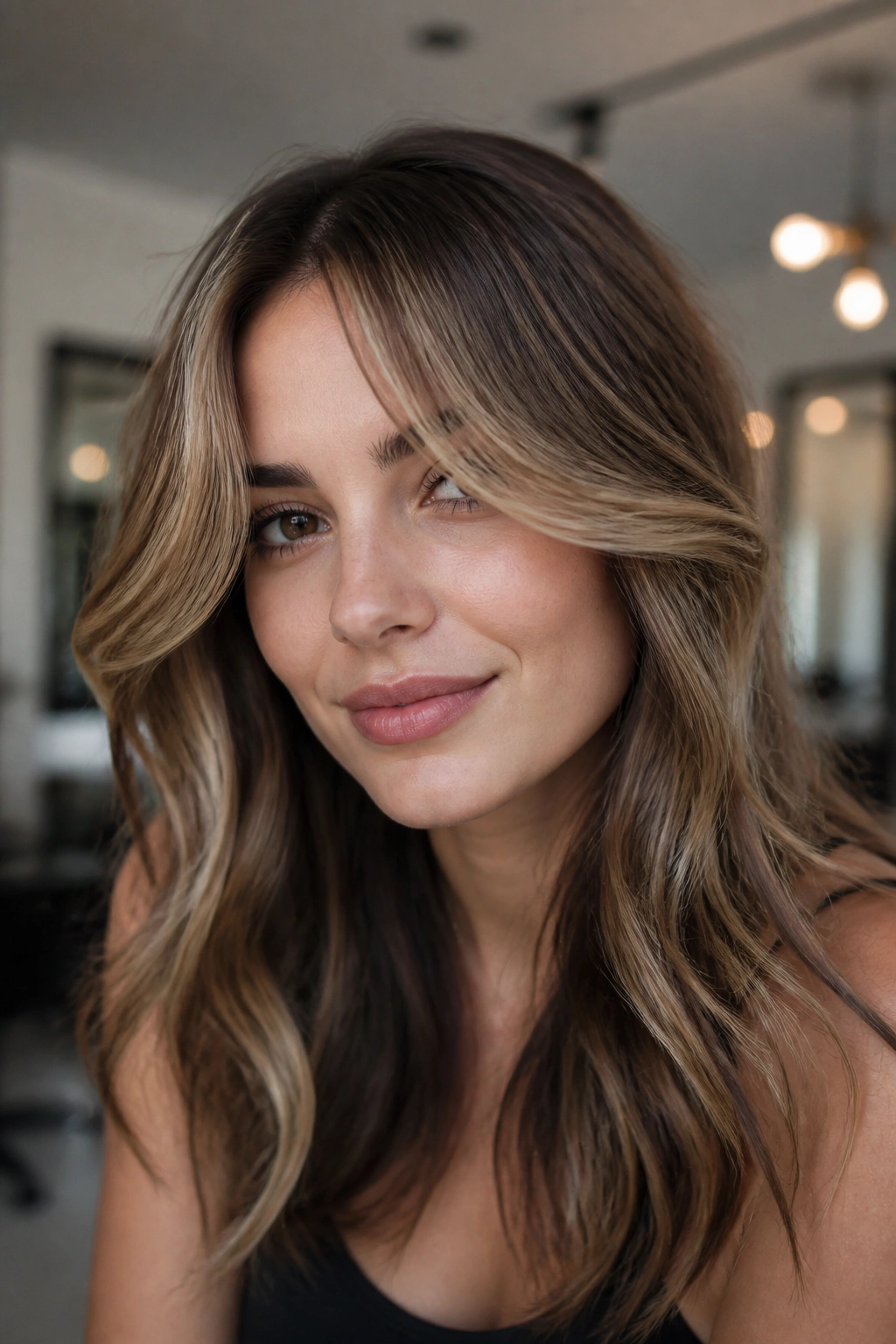 Portrait of a real woman with face-framing caramel highlights and curtain bangs