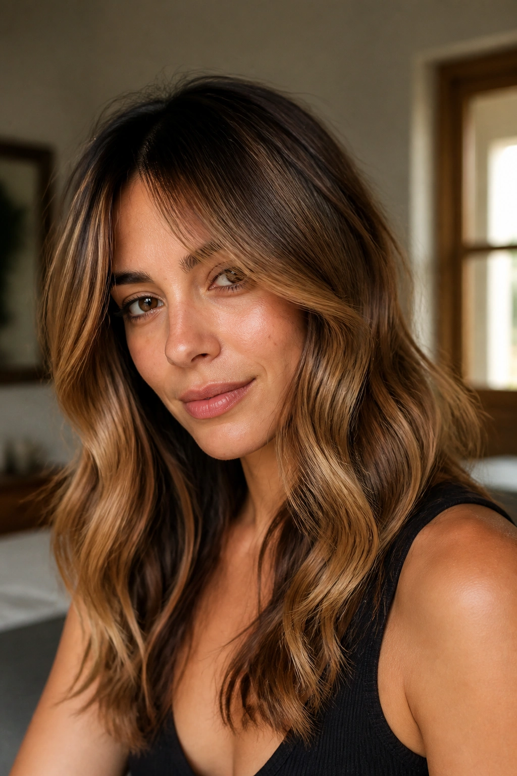 Close-up of woman with caramel face-framing highlights and curtain bangs