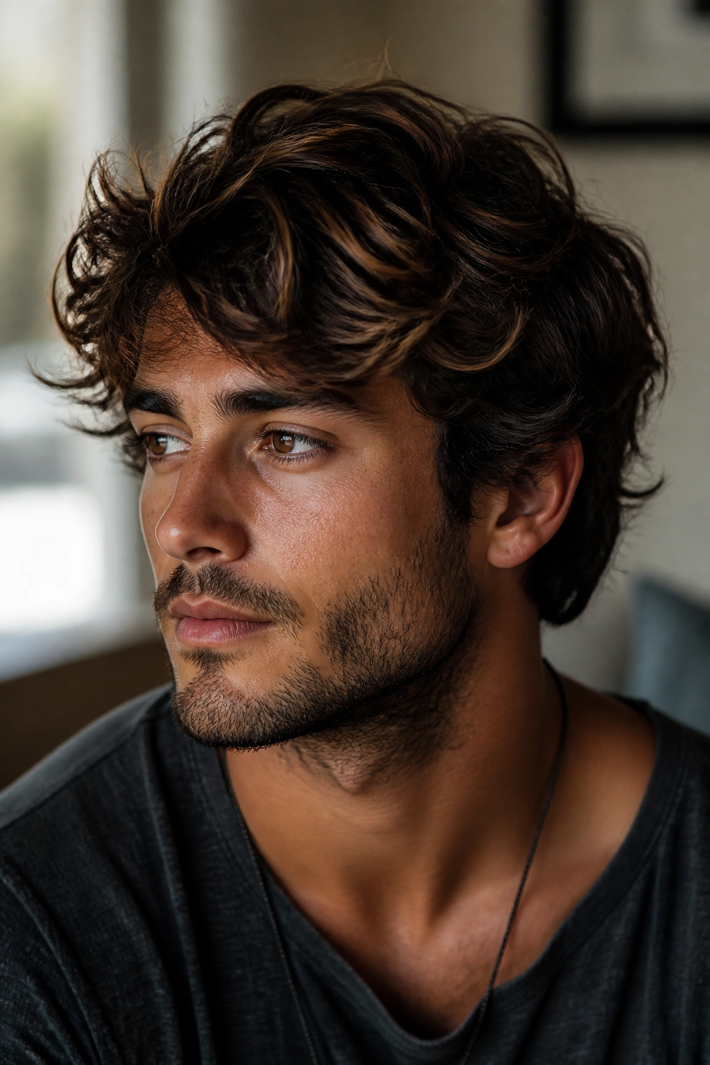 Close-up of a man with dark brown hair and caramel highlights in natural window light