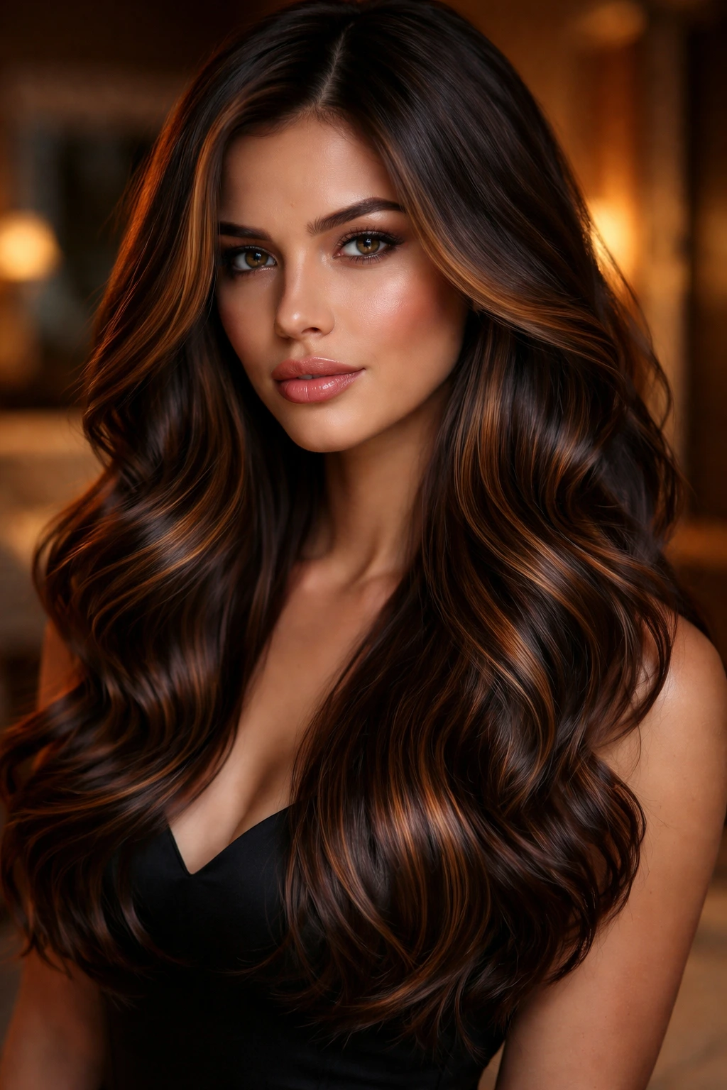 Close-up of deep brunette hair with mahogany caramel highlights.