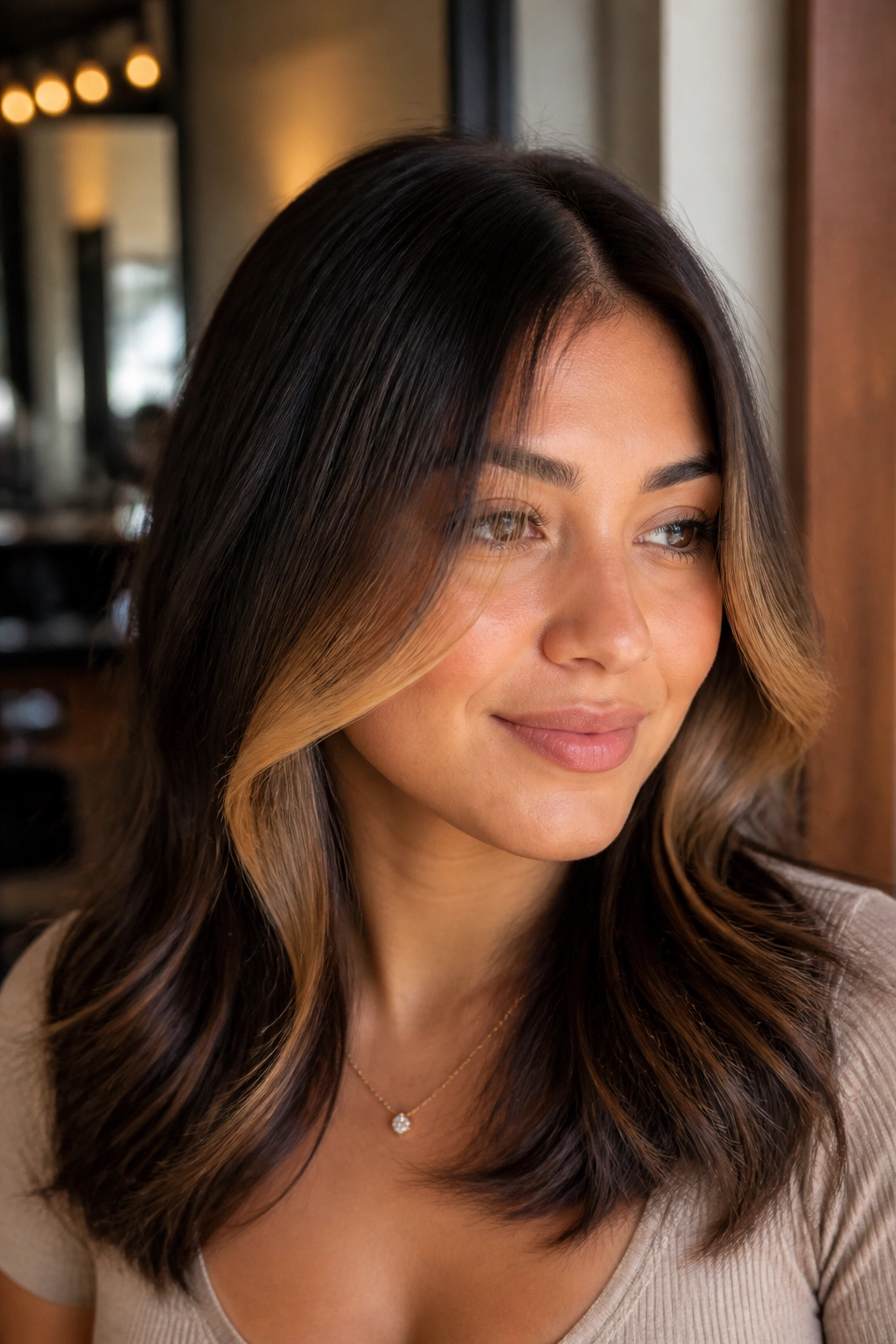 Close-up portrait of a woman with caramel face-framing highlights around the cheeks