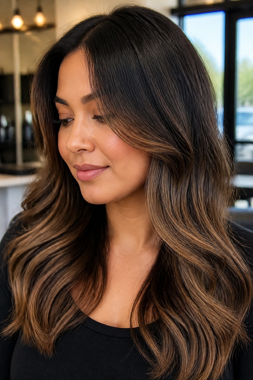 Close-up portrait of a real woman with dark roots and caramel-highlighted black hair in a low-drama grow-out