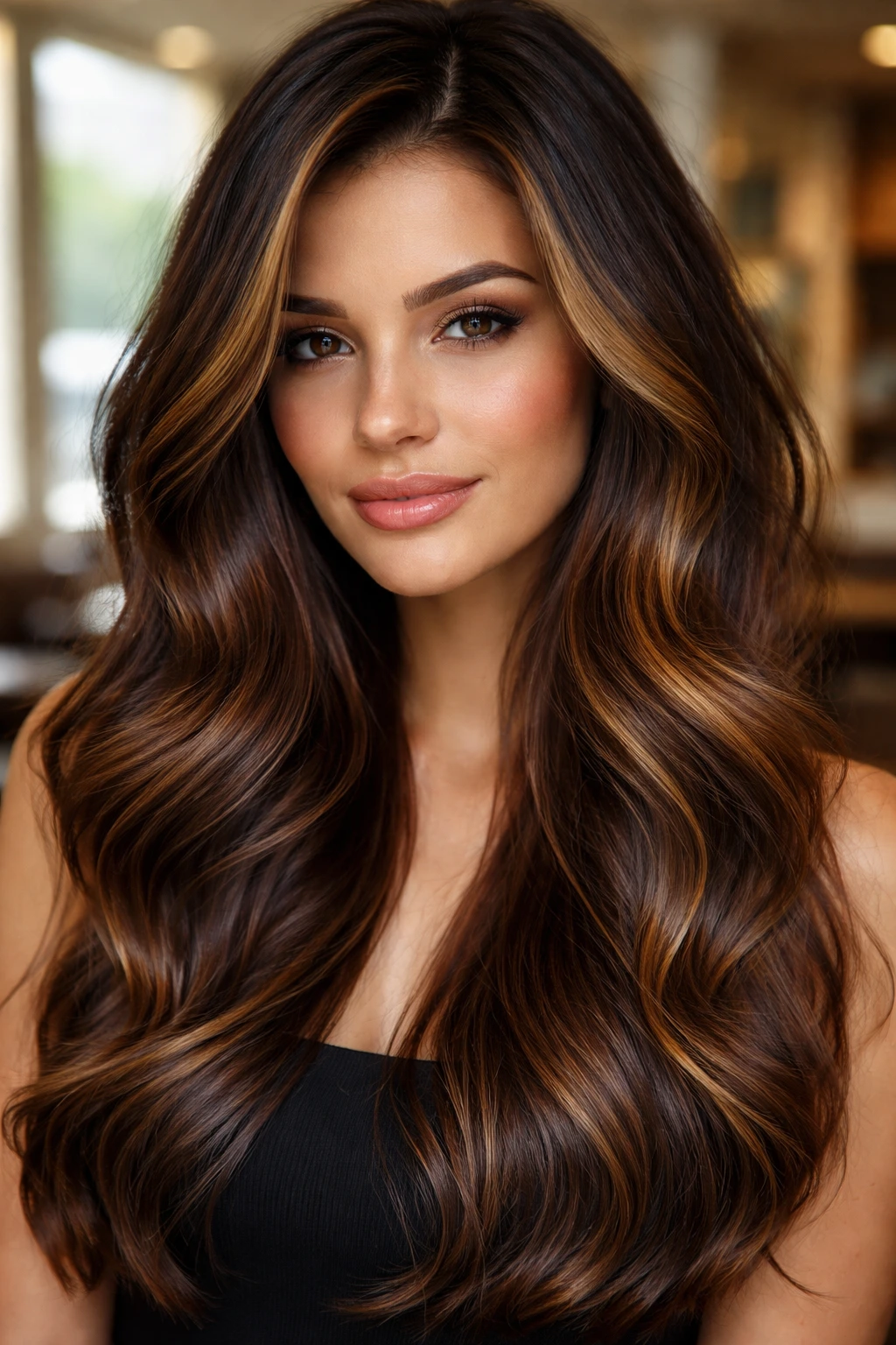 Close-up of dark brown hair showing caramel and honey highlights in natural salon lighting