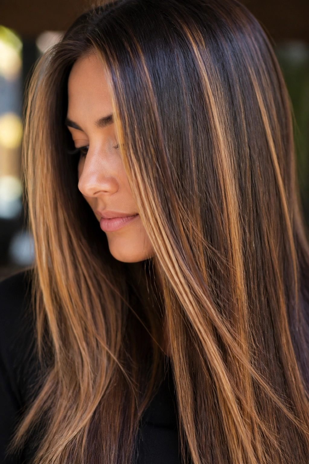 Close-up of a real woman with caramel highlights on long straight brown hair