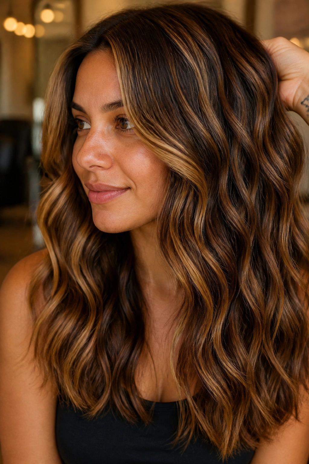 Caramel highlights with lowlights adding depth to brown hair