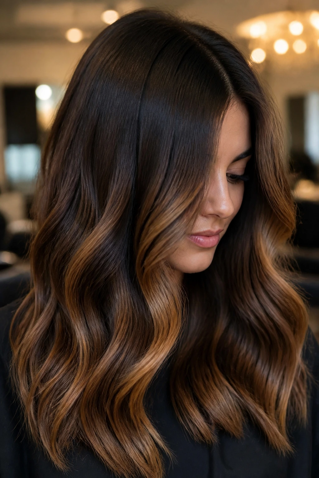 Close-up of dark chocolate hair with caramel honey melt from roots to mid-lengths