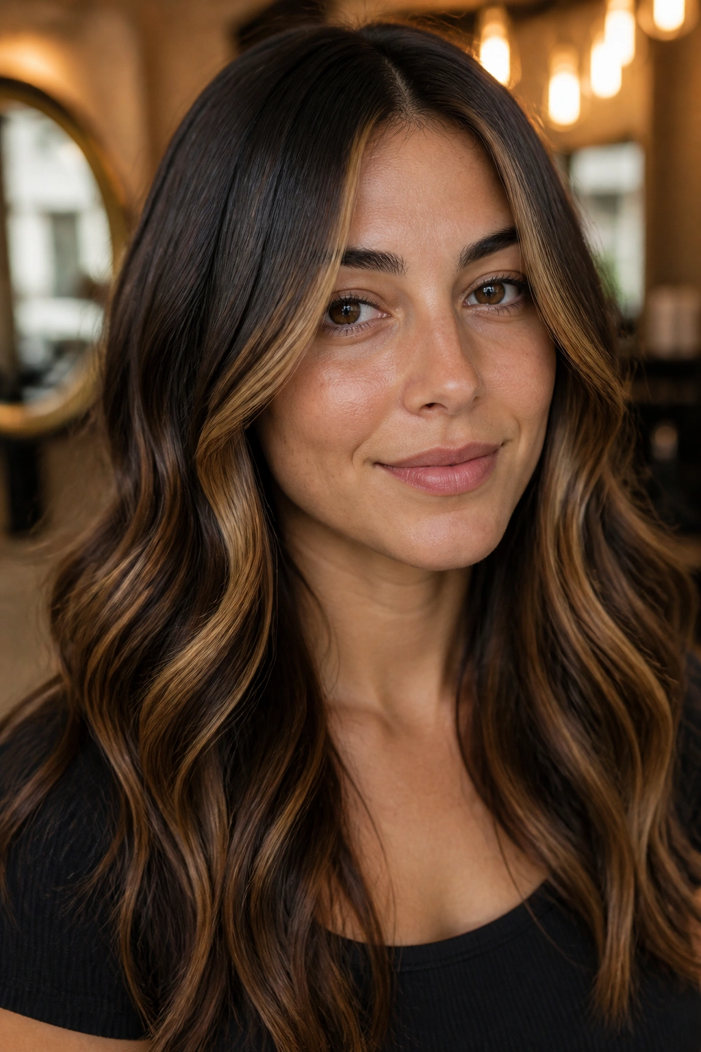Espresso brown hair with caramel-honey highlights for contrast.