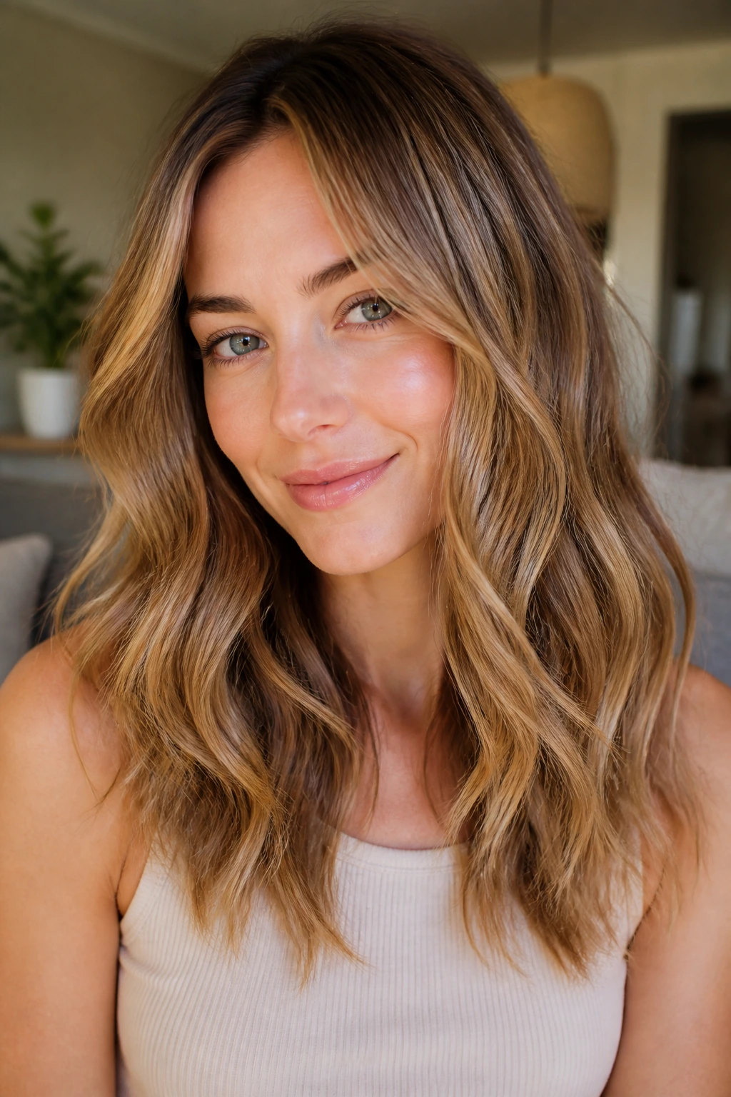 Close-up of a real person with caramel-honey ribbon highlights in mid-lengths with soft daylight