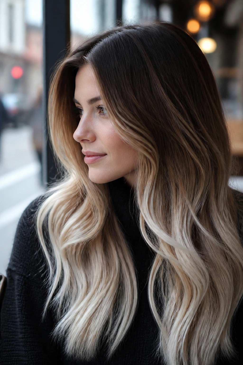 Portrait of woman with caramel to icy blonde ombre in cafe window light