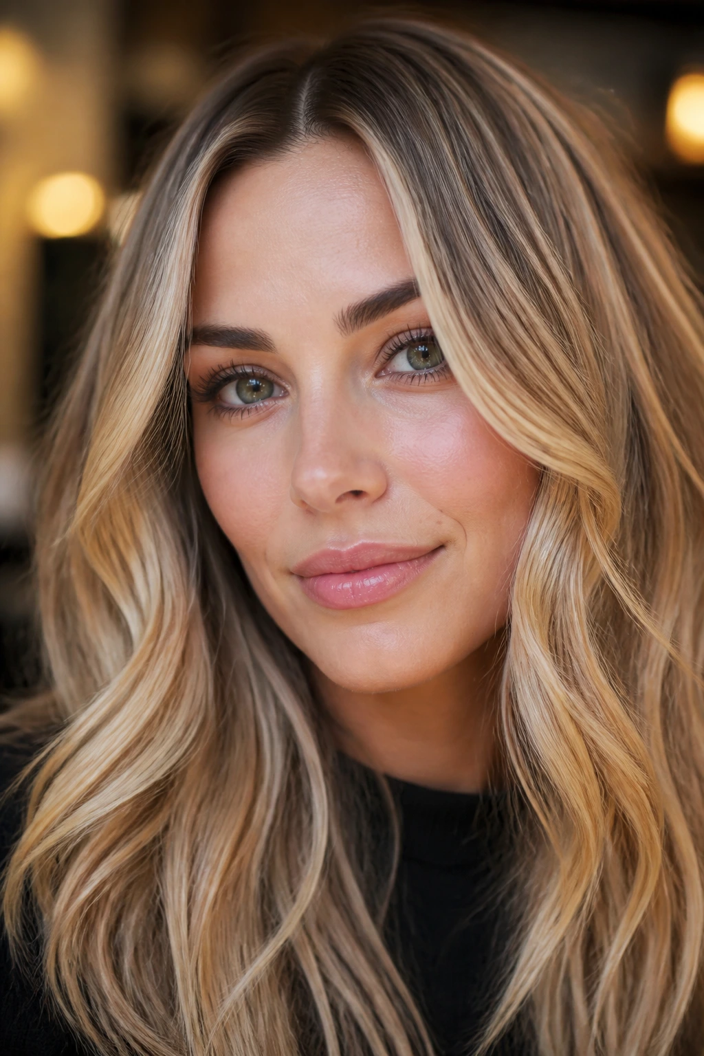Real woman with caramel-infused blonde hair and ribbons at the cheeks in a close-up.