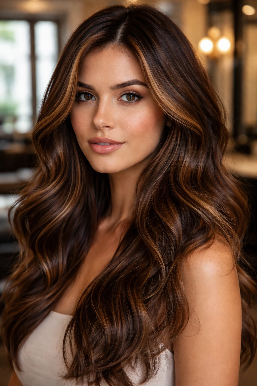 Close-up of brunette hair with caramel lowlights on a real person, warm window light