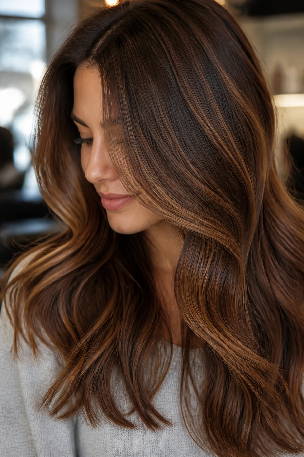 Close-up of brunette hair with caramel lowlights under warm window light