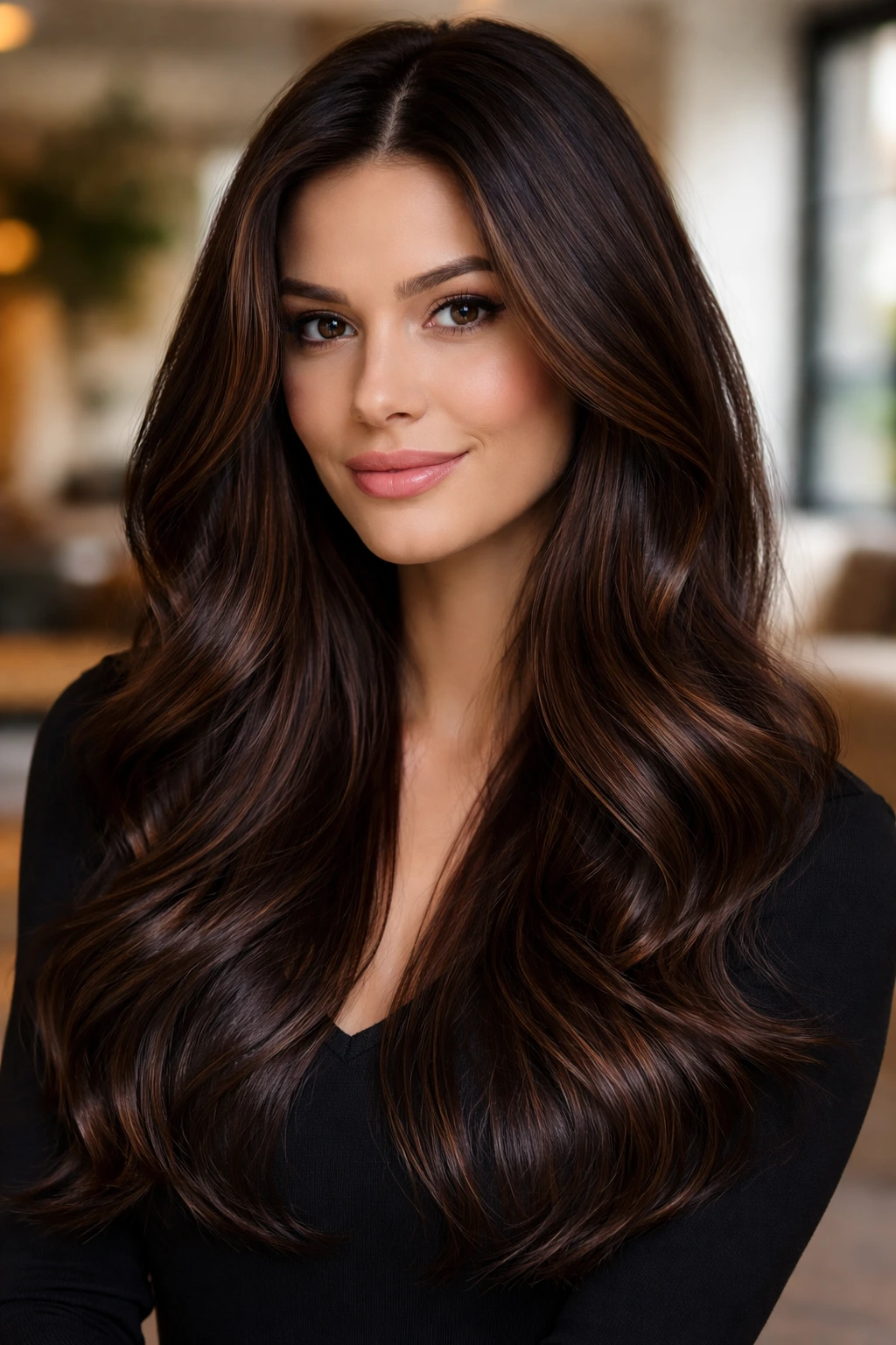 Close-up of a woman with dark chocolate hair and subtle caramel lowlights