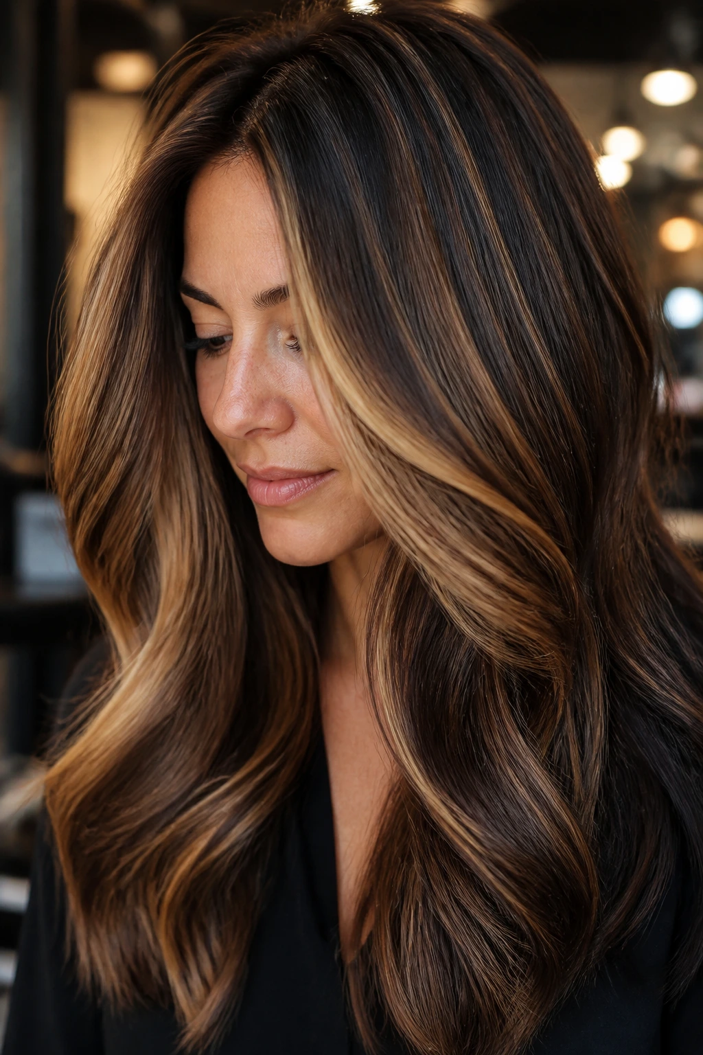 Close-up of a real woman with thick brown hair featuring alternating caramel highlights and brunette lowlights in a salon