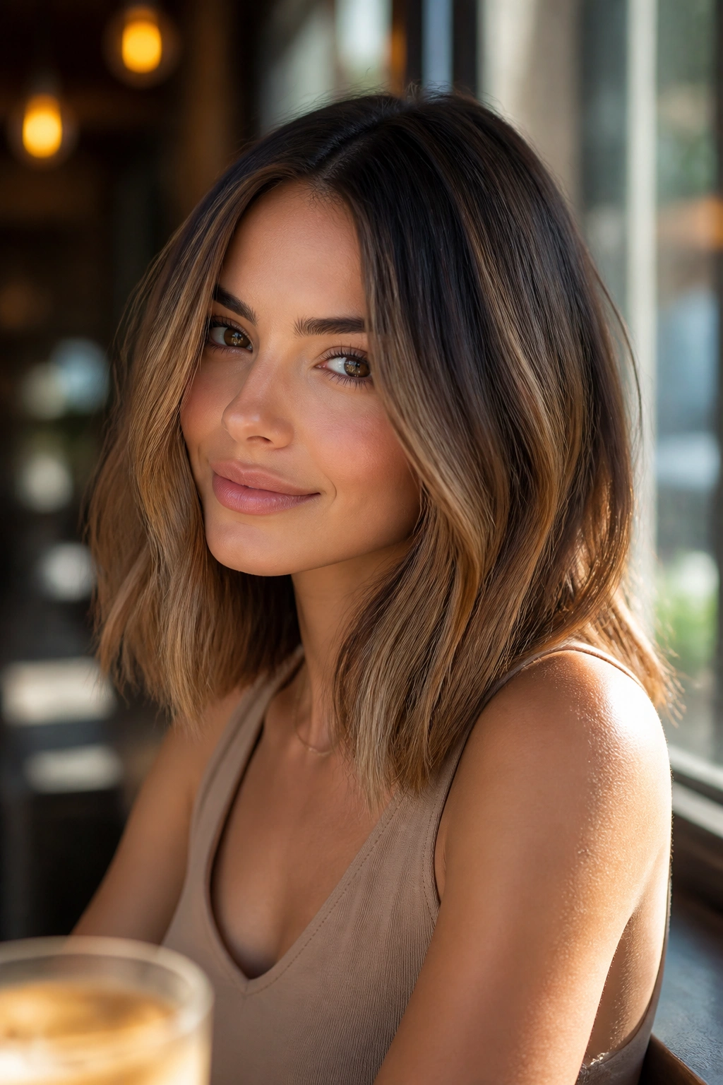 Close-up of a real woman with a glossy caramel melt long bob in soft daylight