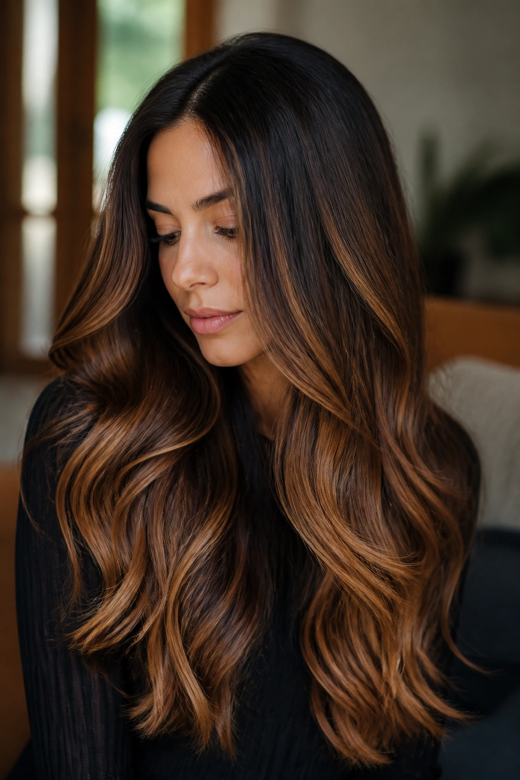 Close-up of long hair with caramel melt on deep chocolate brown