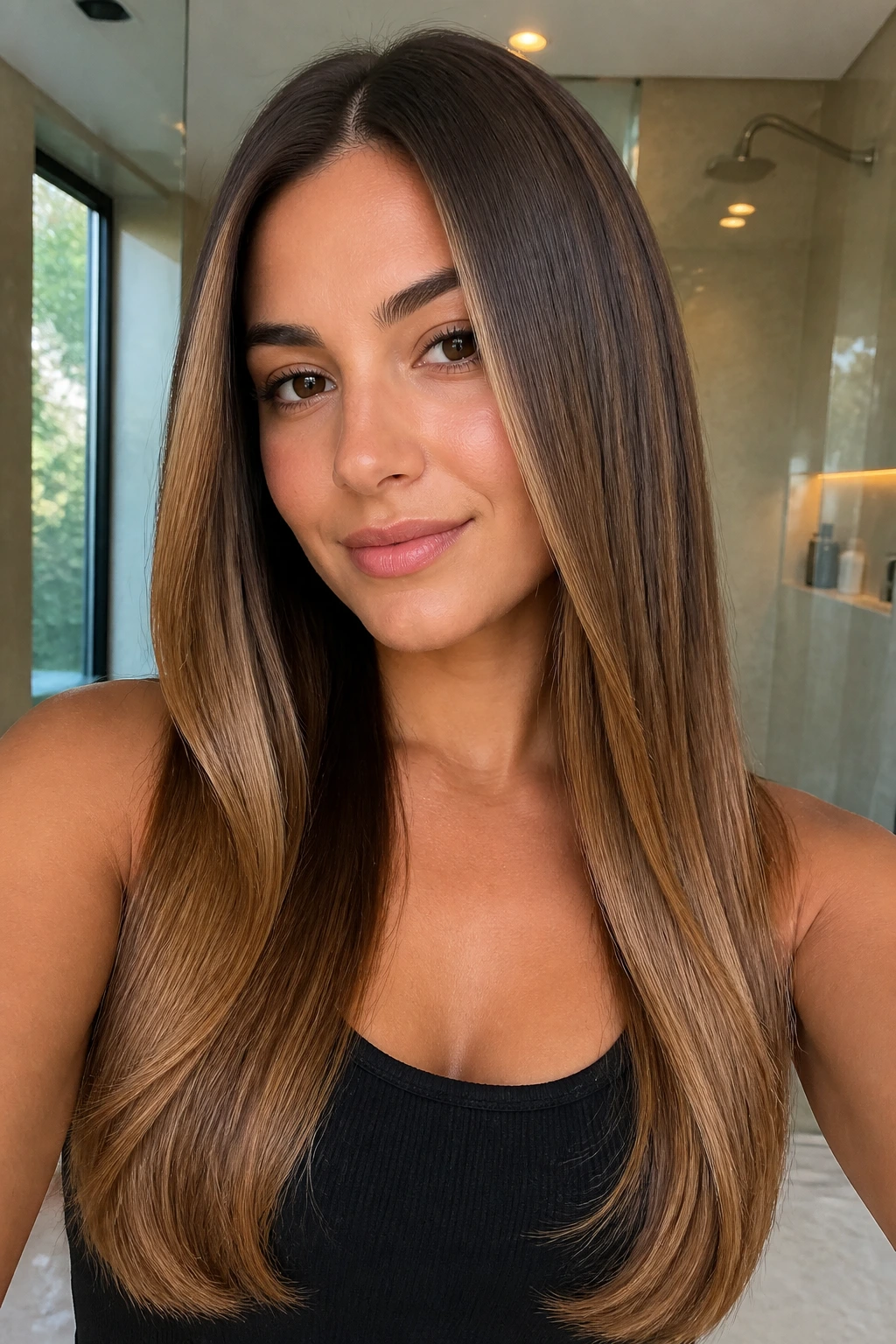 Close-up portrait of a real woman with sleek straight hair and a blended caramel melt in soft bathroom lighting