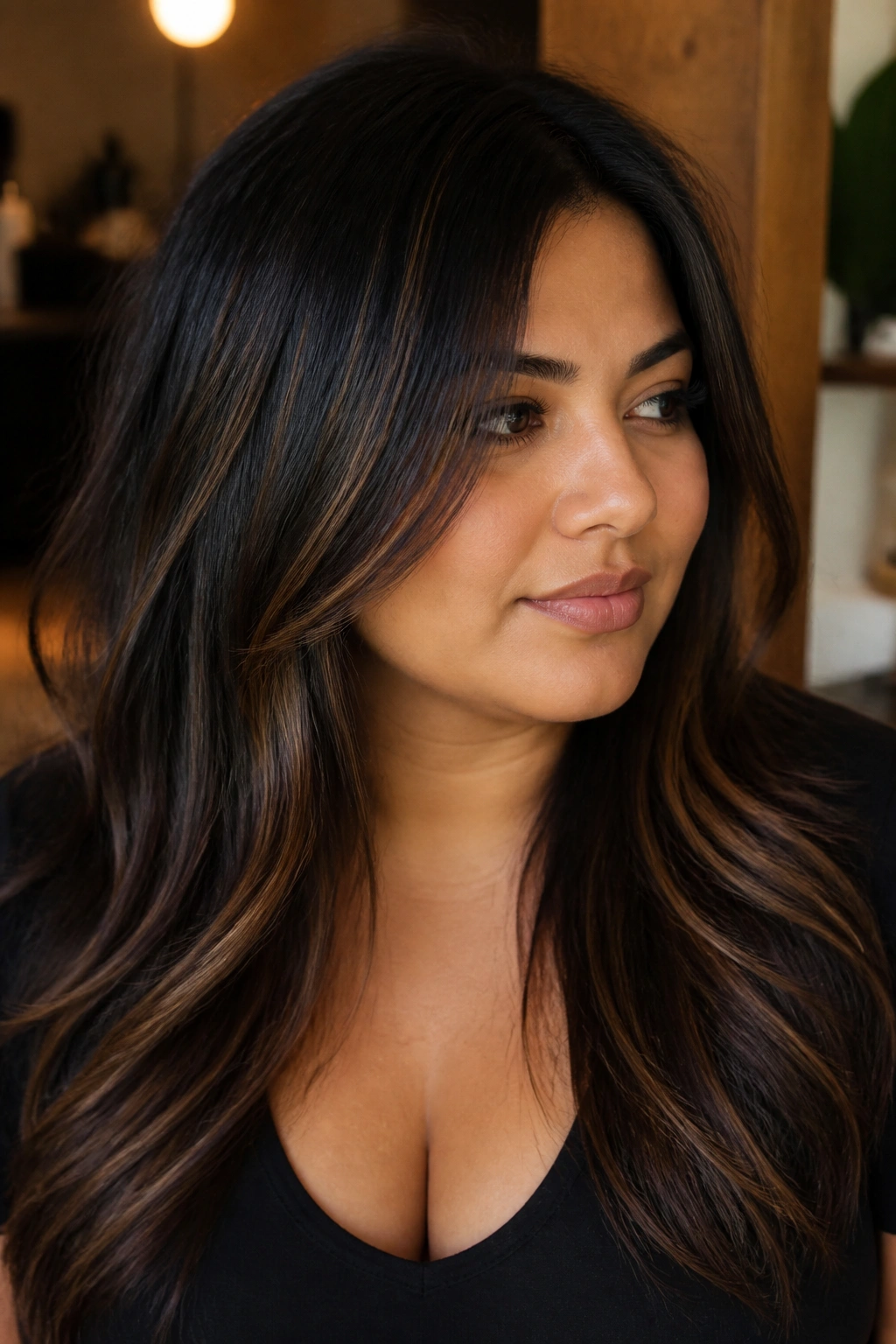 Portrait of a real woman with caramel micro-lights on a black-brown base