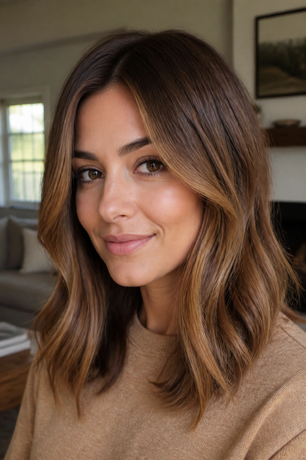 Close-up of a woman with caramel mid-length sweep through brown hair