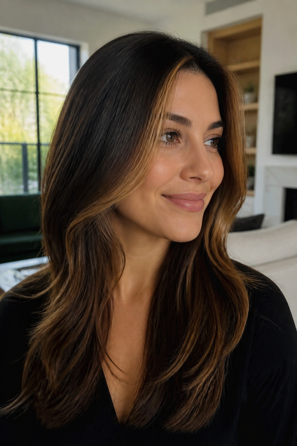 Portrait of brunette with slim caramel money piece near the brow
